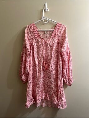 Joie Boho Style Pink Floral Peasant Dress with Tassel Tie Small 100% Cotton